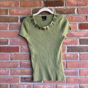 Vintage Olive Green Ribbed Top with metal accents